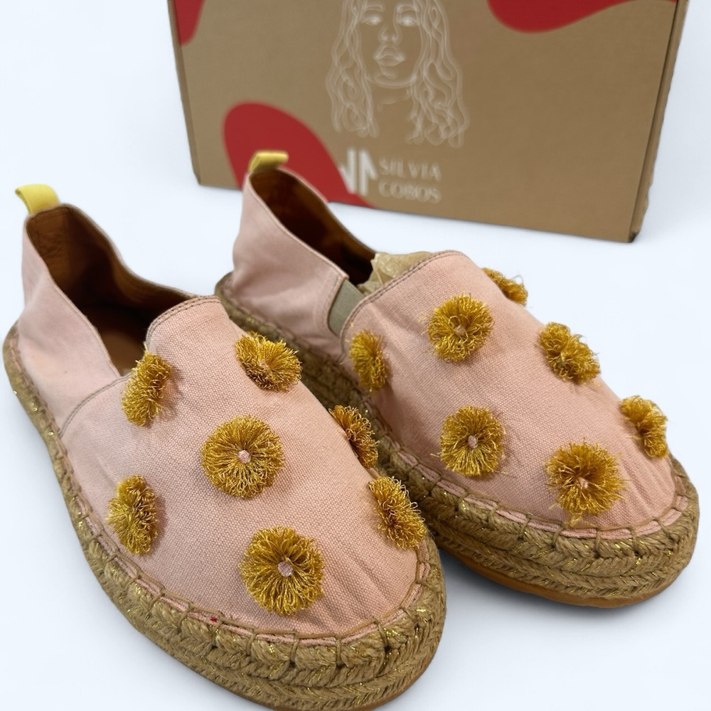 Silvia Cobos Pink Sol Moccasin Espadrille Shoe Rose Yellow Fringe Starbursts sz9